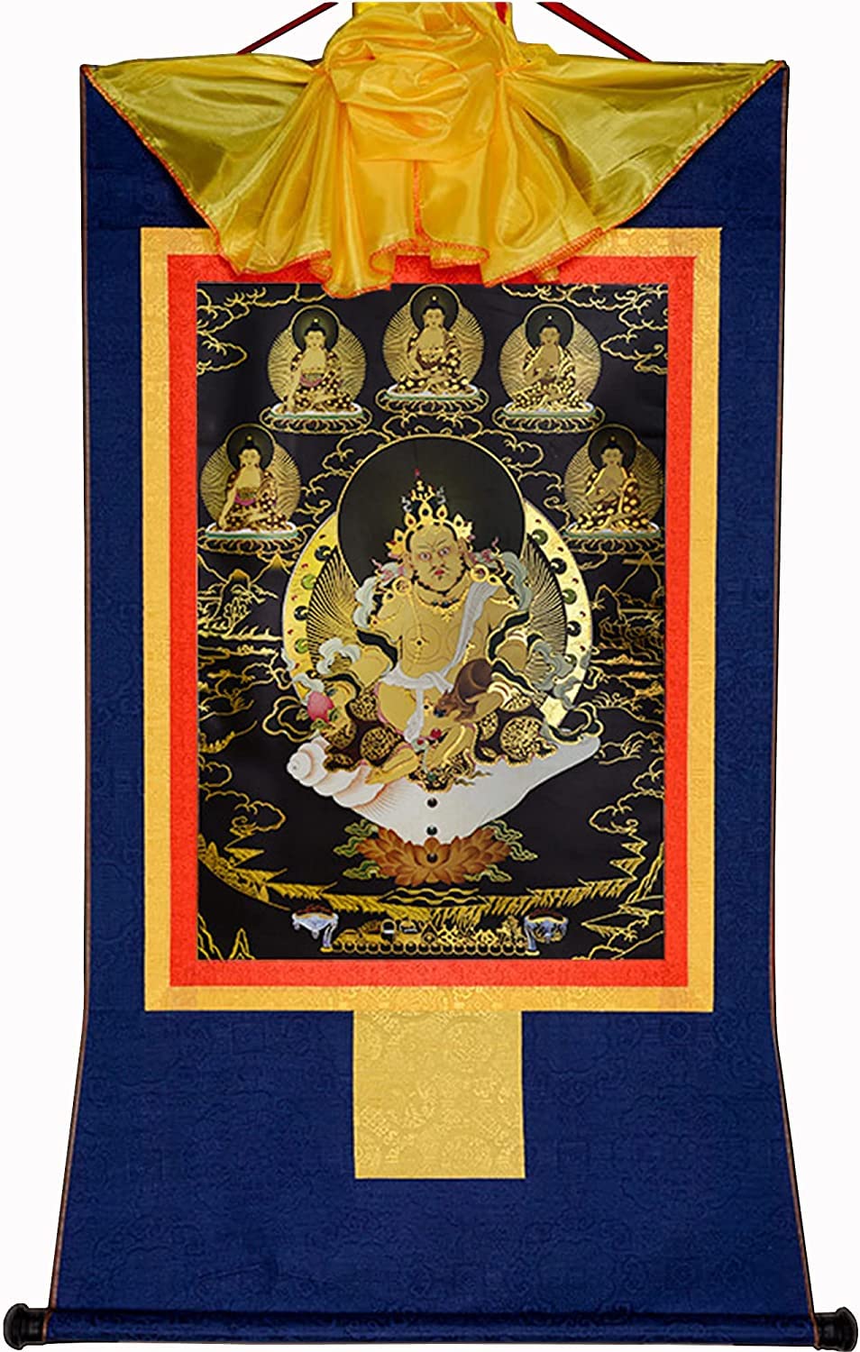Gelber Jambhala, Dzambhala, buddhistischer Thangka-Brokat, schwarzer Typ(Blu,Small(35cm*27cm))