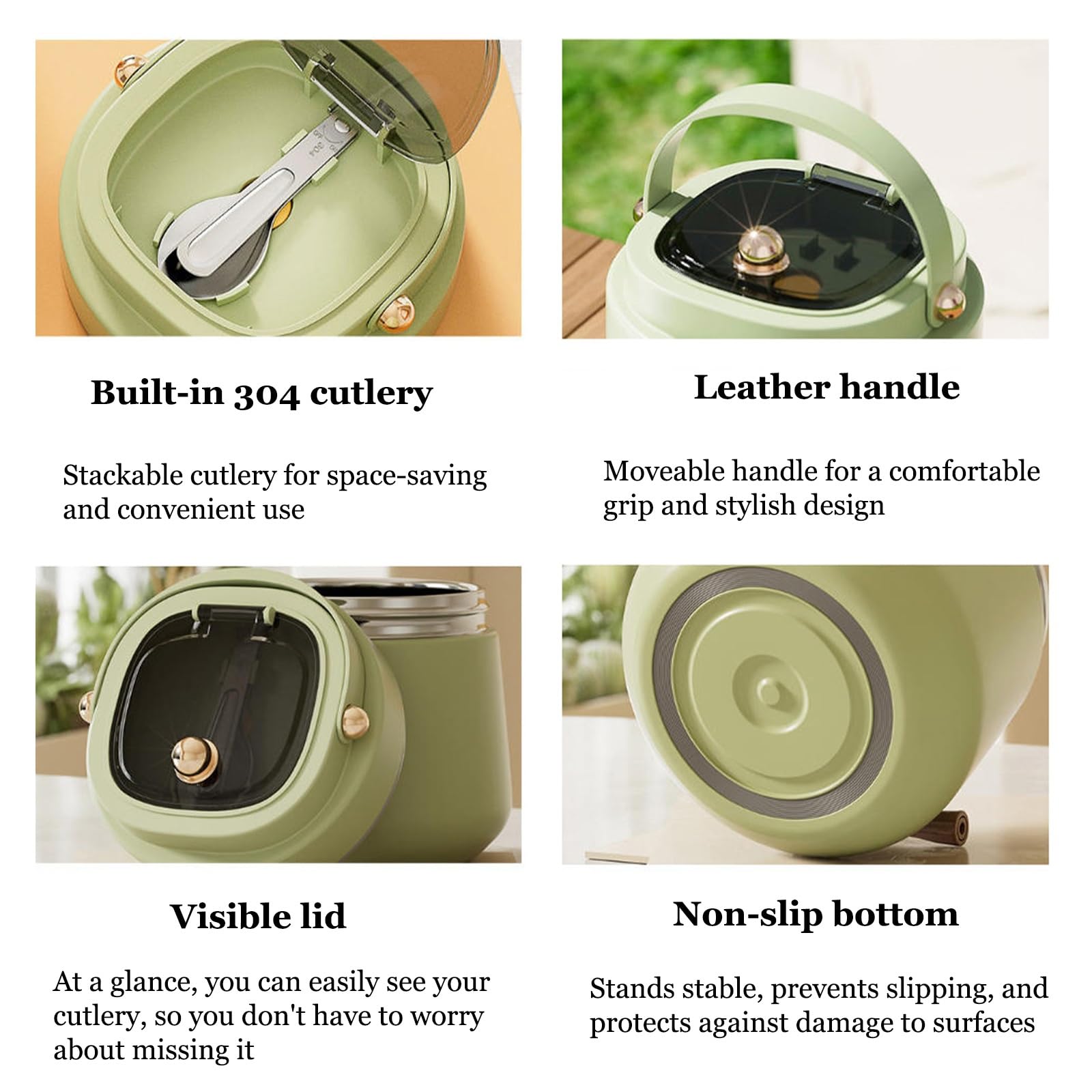 Vnook Edelstahl Thermische Lunchbox, Isolierter Lebensmittelbehälter, Thermoschüssel, mit Löffel+Handtasche, Auslaufsicher, für Büro Mittagessen, Suppen, Porridge(Green,1.2L)