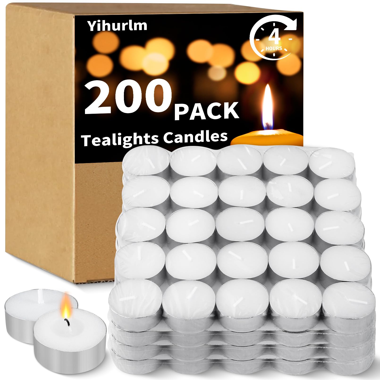 200 Stück Teelichter, Großpackung, 4 Stunden Brenndauer, geruchlose weiße Teelichter, rauchfreie Teelichter für Zuhause, Hochzeiten, Shabbat-Notfälle