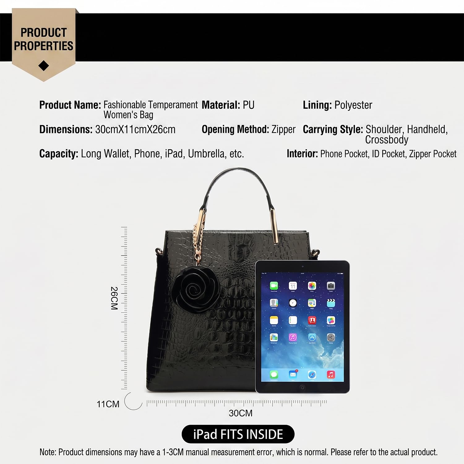 Bolsos de Mano con Bandolera en Cuero de Patente de PU para Mujer Bolso de Hombro Bolsos Bandolera Bolso de señora con Estampado de Piel de cocodrilo para Mamá Marrón