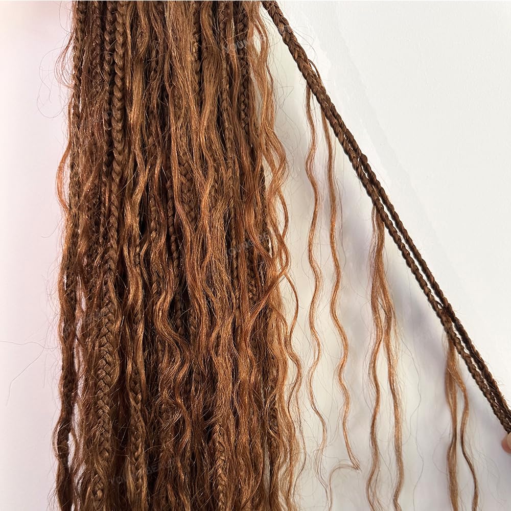 30# Honey Brown Crochet Boho Box Braids with Human Hair Curls Pre-looped Crochet Hair Synthetic Braid Hair 24inch 80Strands
