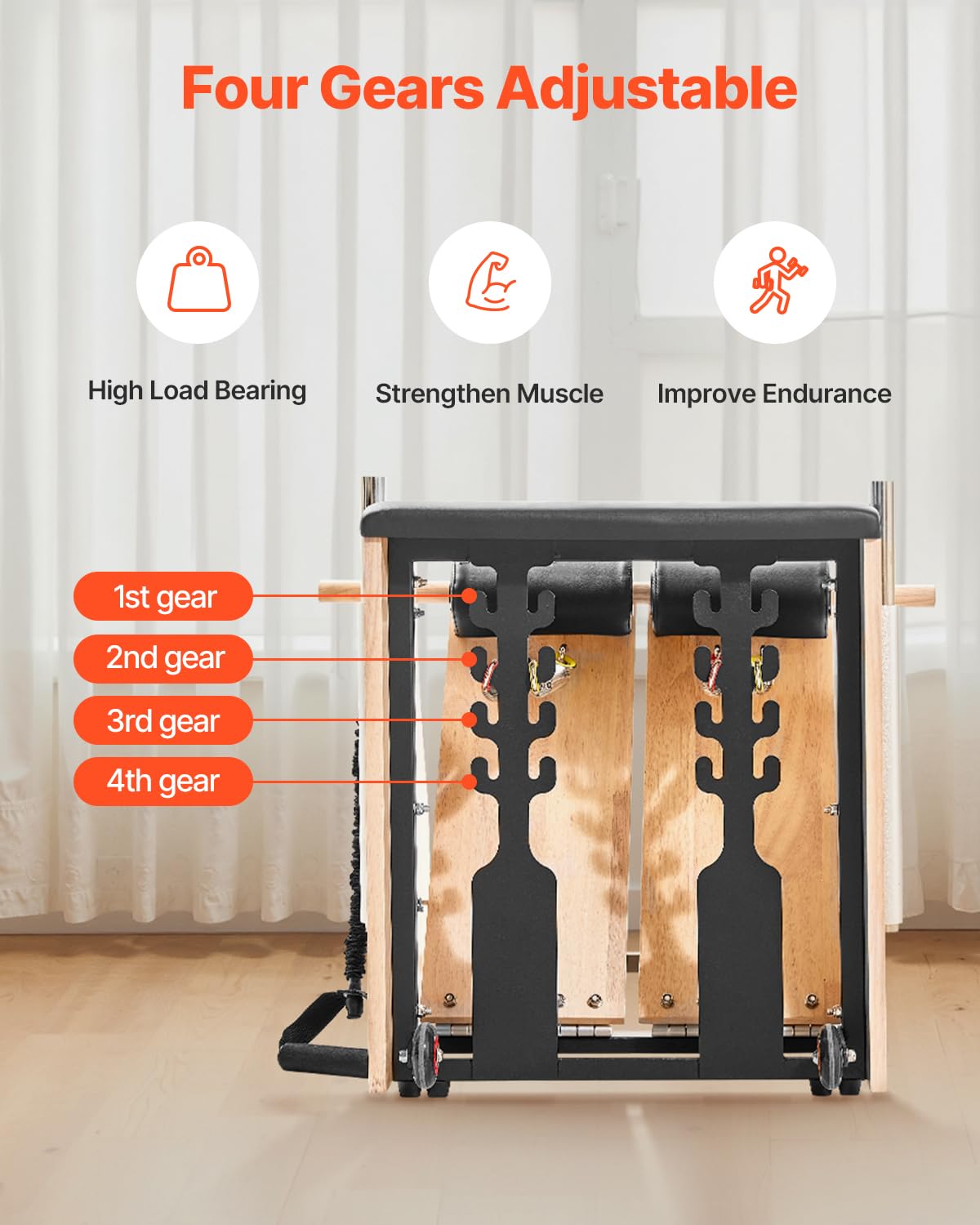 VEVOR Silla de Pilates, Combinación de Pedales Divididos y Estabilidad con Asas, Estructura de Madera Caucho, Equipo de Fitness para Yoga, Gimnasios en Casa y Estudios. 840 x 540 x (730) x 630 mm