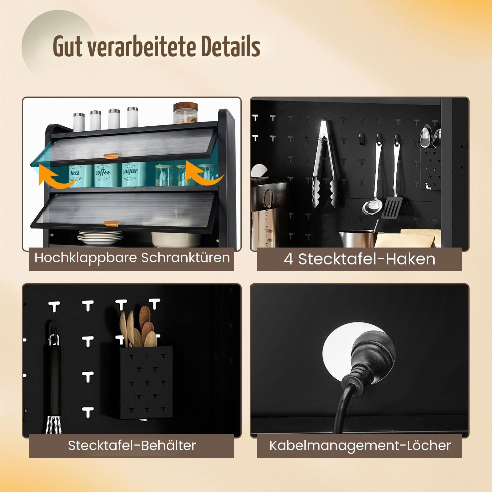 GIANTEX Küchenschrank mit Arbeitsplatte, 192 cm Buffetschrank mit Rollen, Küchenbuffet mit verstellbarem Regal & Lochwand, Küchenregal 6 Ebenen mit Klapptüren, Metall Mikrowellenschrank Küche, Schwarz