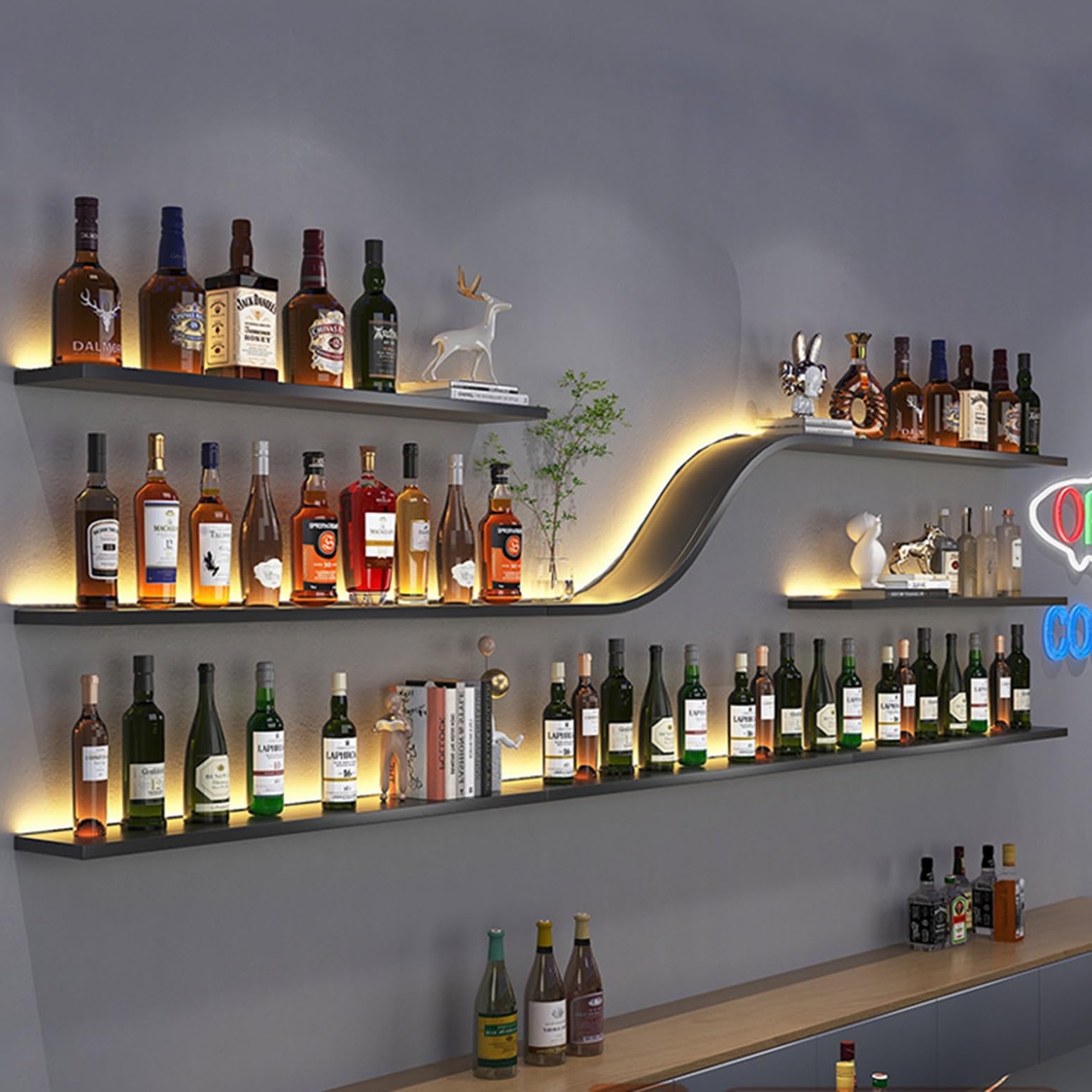 Espositore per vino da parete in metallo moderno, Vetrinetta Pensile, Espositore Creativo Per Vino Da Parete, Ripiani Portaoggetti Espositore, per Cucina Bar Caffetteria(100*20cm/39.4*7.9in)