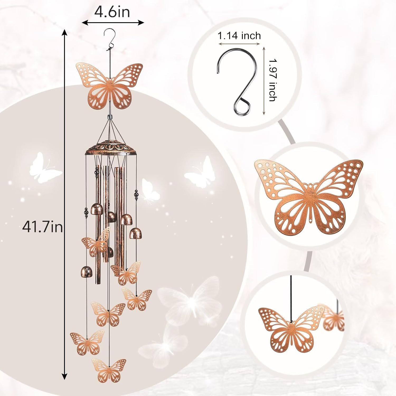 Butterfly Wind Chimes for Outside,41" Metal Windchimes, Housewarming/Easter/Halloween/Festival/Memorial Gifts for Women/Men, Butterfly Decorations for Outside, Patio, Garden or Yard