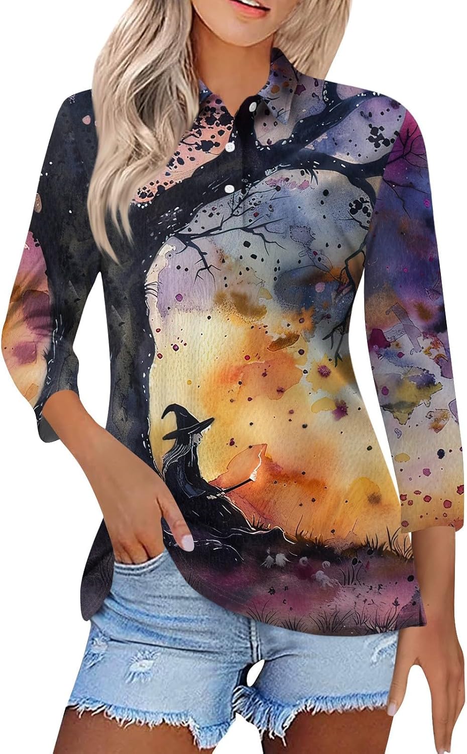 Womens Halloween Fall Polo Shirts 3/4 Sleeve Witch Graphic Tops | Women's Dressy Casual Top, Halloween Shirts, Loose Fit Holiday Blouses, Vintage Outfits
