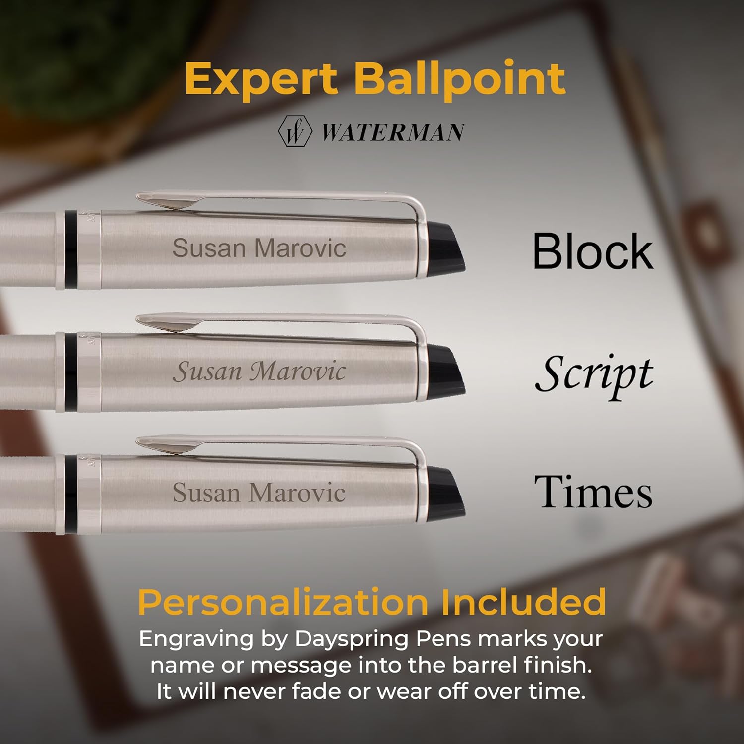 Personalized Waterman Pen | Engraved Waterman Expert Twist Action Ballpoint Pen in Brushed Stainless with Chrome Trim. Executive Luxury Gift Pen.