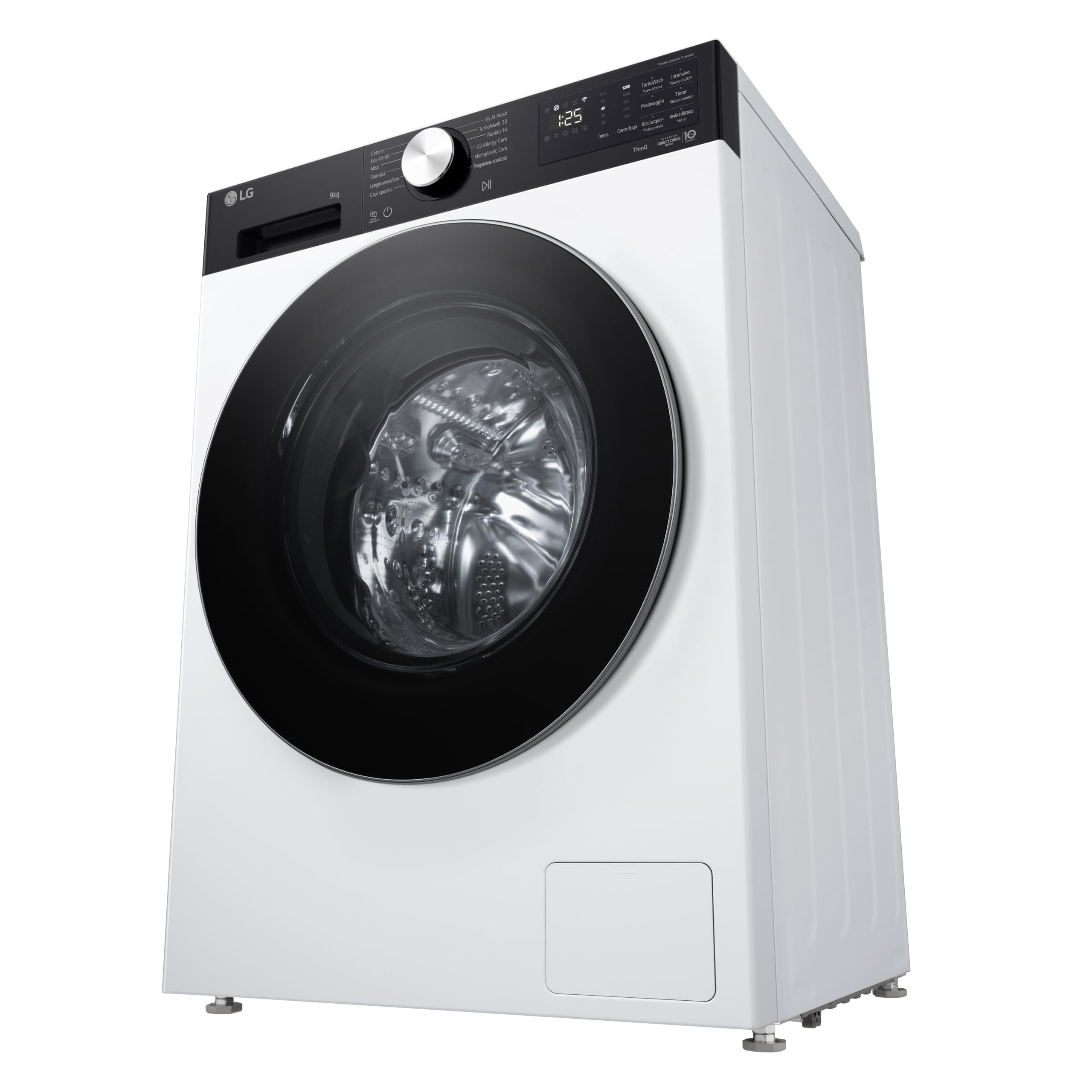 LG F2NX50S9TKC Lavatrice Slim 9 kg Next AI DD, Classe A -30%, 1200 Giri, Programma AI Wash con Intelligenza Artificiale, Wi-Fi, Allergy Care, TurboWash 360, Serie X5, White Black Pannel e Silver Knob