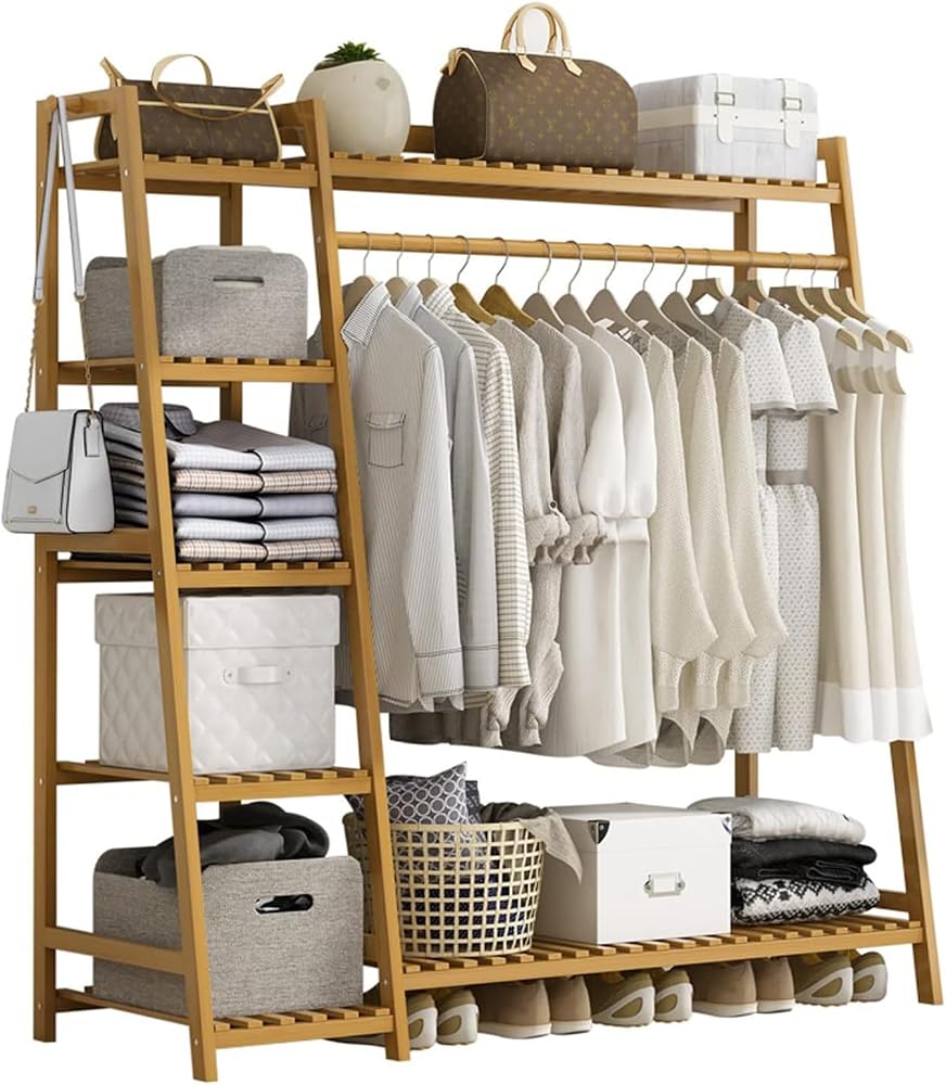Baveke Bamboo Clothing Garment Rack Frame Made of FSC-Certified Wood, 7 Tier Storage Shelf Coat Clothes Hanging Rack, Portable Wardrobe Closet Organizer, Shoe Storage Shelves for Bedroom, Natural