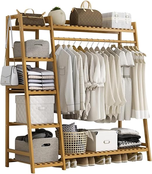 Bamboo Clothing Garment Rack 7 Tier Storage Shelf Coat Clothes Hanging Rack, Portable Wardrobe Closet Organizer With Top Shelf, Shoe Storage Shelves for Bedroom (Natural - 51.18 in)