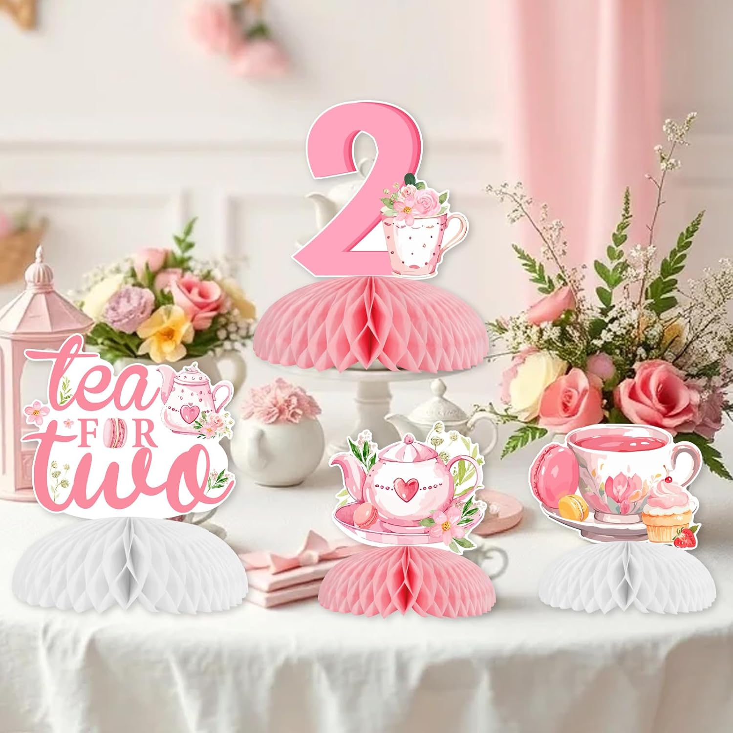 8pcs Tea for Two Birthday Honeycomb Centerpieces Pink Floral Teapot Theme Birthday Party Decorations Tea for Two Bday Table Decoration for Teapot Second Bday Supplies