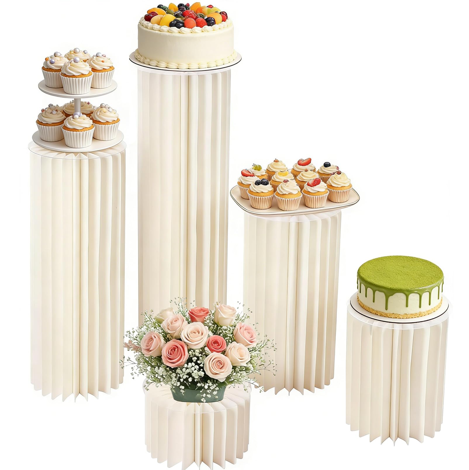 5 Stück Faltbare Papiersäulen, Hochzeit Karton Vasen, Zylinder Basisanzeige | (Durchmesser 30cm,Höhe 20,40,60,80,100cm),Karton Blumensäule für Verlobung Geburtstag Tischdekoration Hochzeiten Dekoration