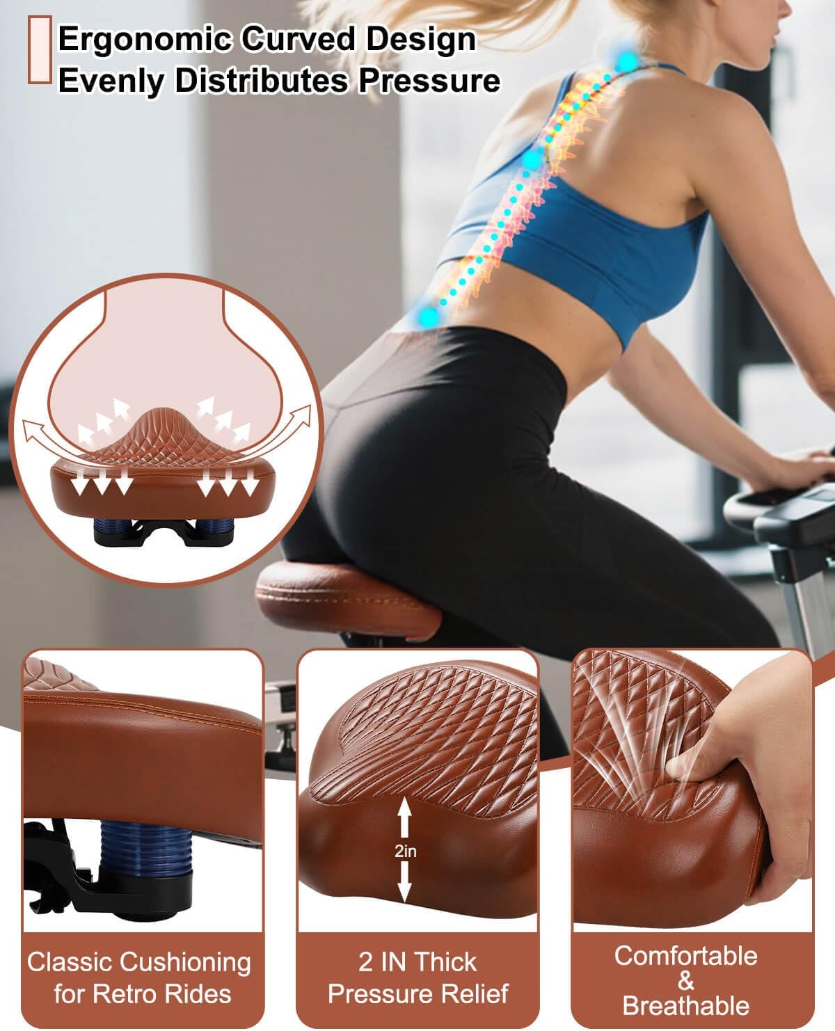 Wide Bike Seat for Women Men, Comfortable Soft Classic Vintage Padded Bicycle Saddle Cushion, Large Comfort Replacement Seat for City, Beach Cruiser, Hybrid, Ebike, Mountain, Stationary Bike