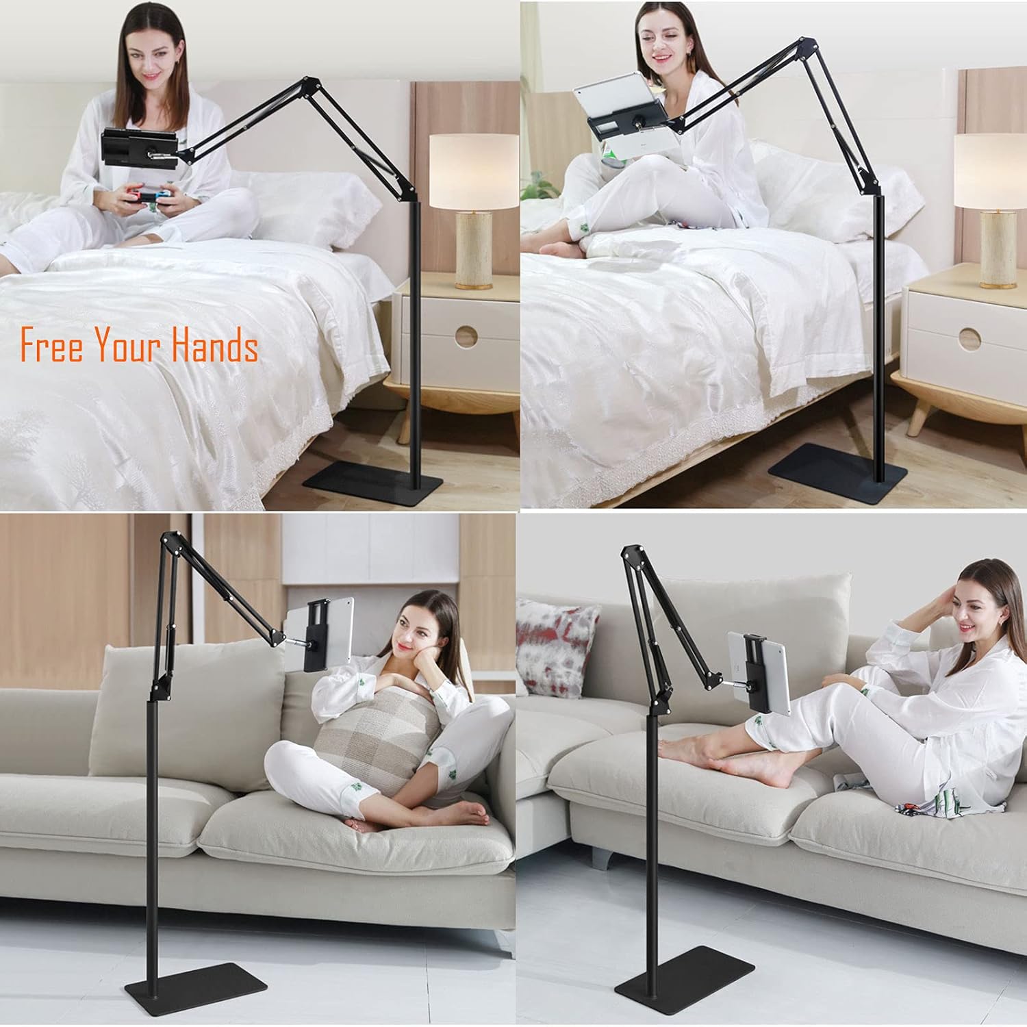 Phone/Tablet Floor Stand, Heavy Duty Steel Metal Universal Adjustable Mobile Cell Smartphone Mount Lazy Bracket 360 Degree Rotation Holder Gooseneck Clamp Flexible Long Arm (Black, 4.6 feet)