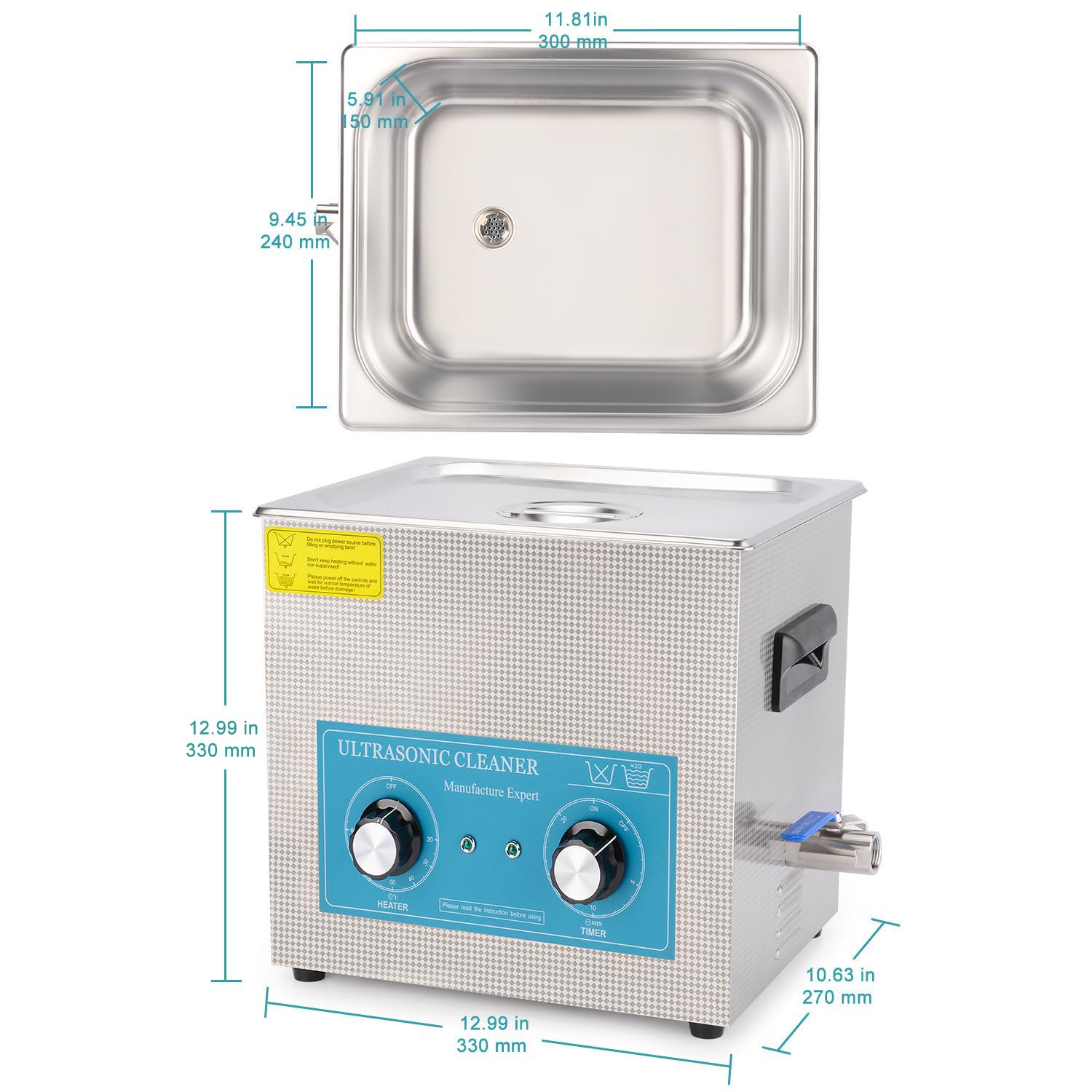 stonylab Limpiador Ultrasónico, Acero Inoxidable 304 limpiadores Ultrasonidos Profesional Multiusos con Panel de Control Mecánico de Calefacción y Temporizador para Laboratorio 40kHz 220V, 10L