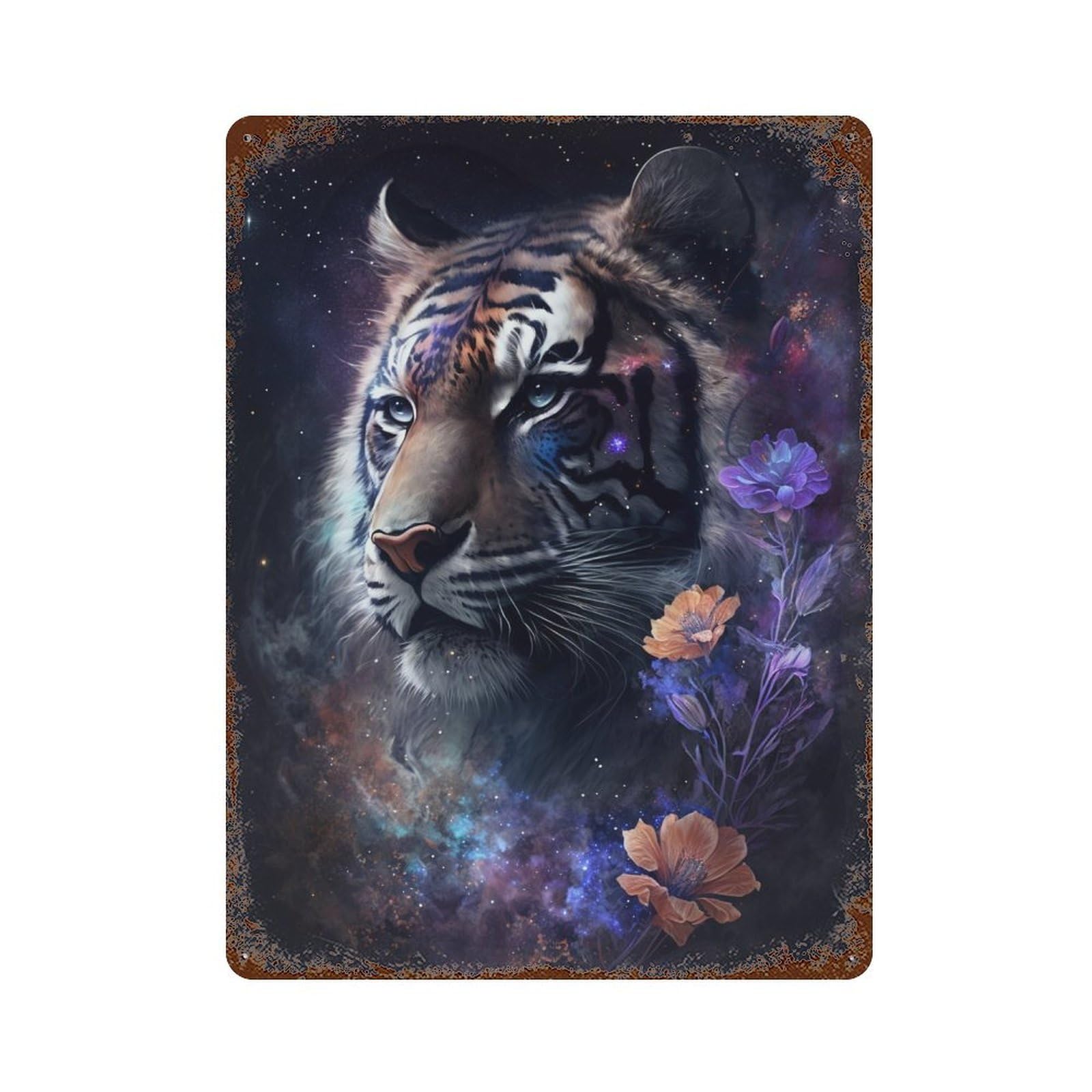 Tiger Fantasy Flowers Art Print-2 Distressed Metal Wall Sign 15.7"x11.8", Shabby Chic Decor for Garage, Pub Or Kitchen