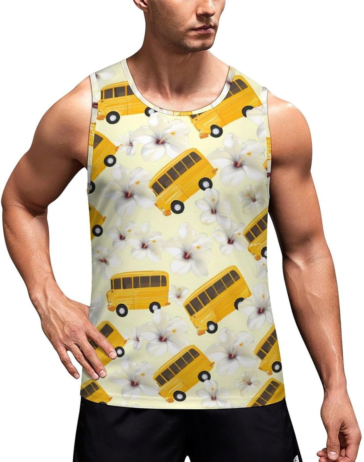 School Bus Hawaiian Men's Tank Top Sleeveless Muscle Shirts Vest Beach T Shirts for Workout Gym