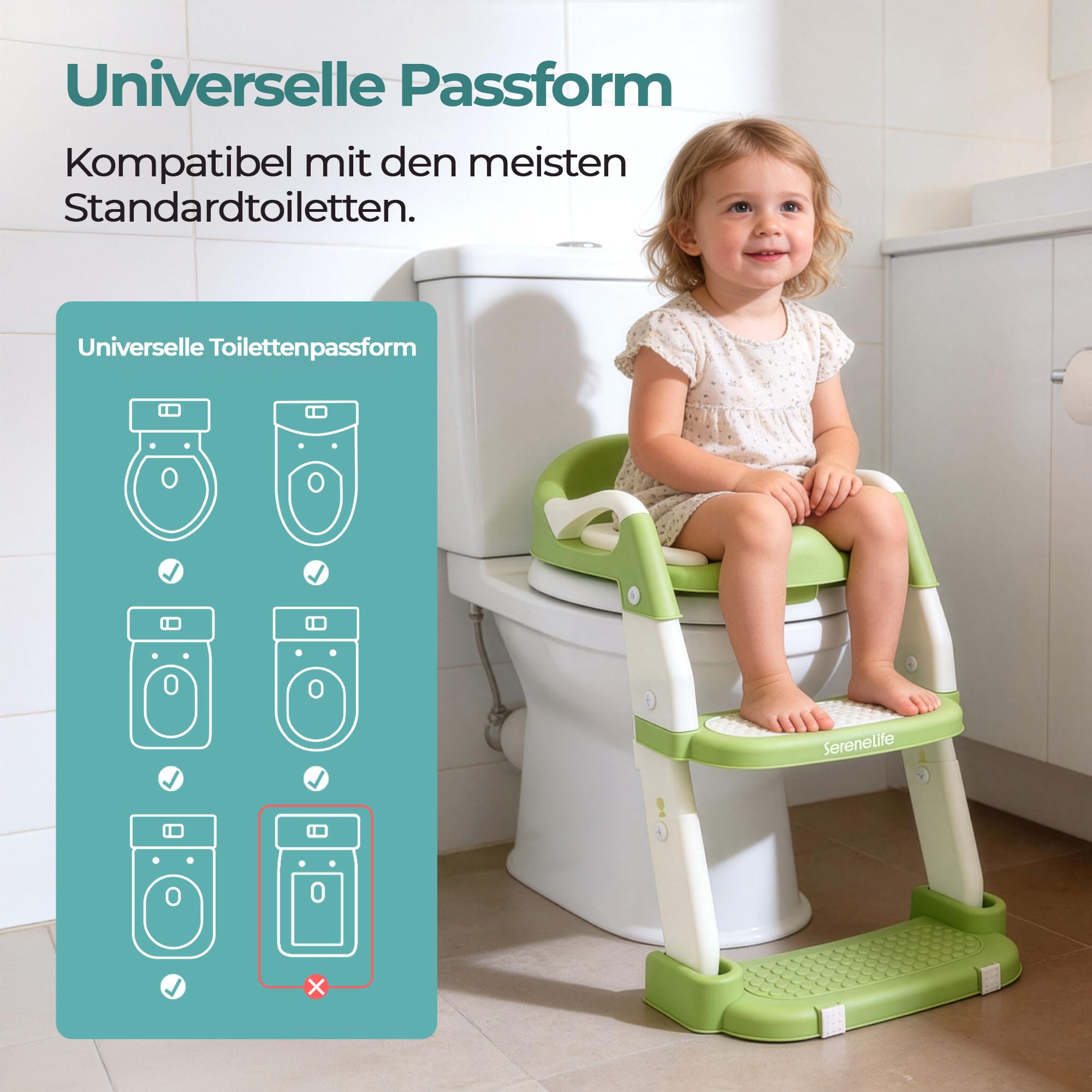 SereneLife Toilettensitz Kinder mit Treppe – 2-in-1 Höhenverstellbarer Toilettentrainer mit Leiter, Rutschfester WC Sitz mit Griffen für Jungen und Mädchen, Grün