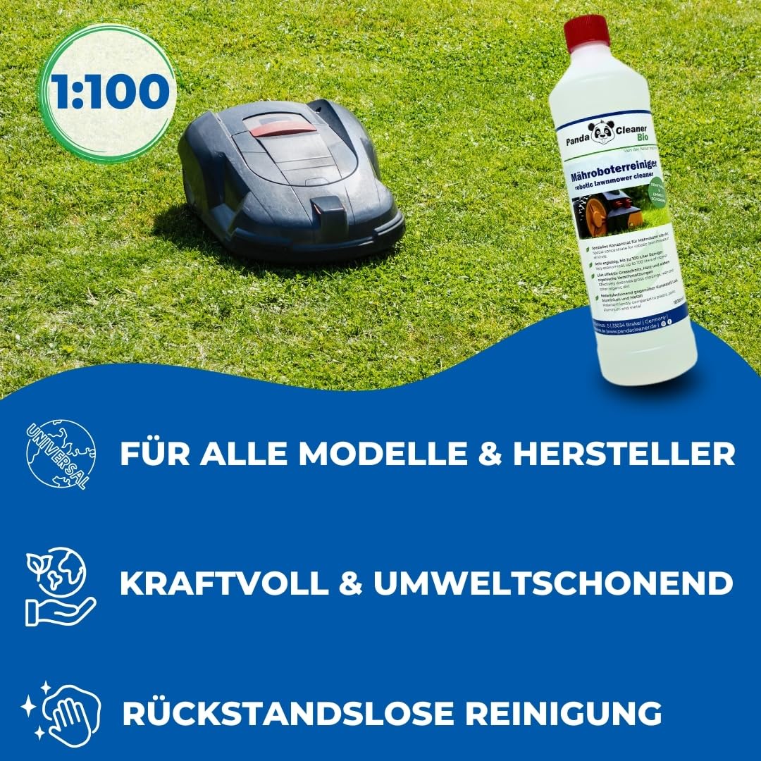 PandaCleaner BIO robot czyszczący do kosiarki – 1 l wysokiego koncentratu 1:100 – akcesoria do kosiarek Bosch, Einhell, Gardena, Husqvarna, Stihl, Wolf-Garten, Worx, Robomow i wielu innych.