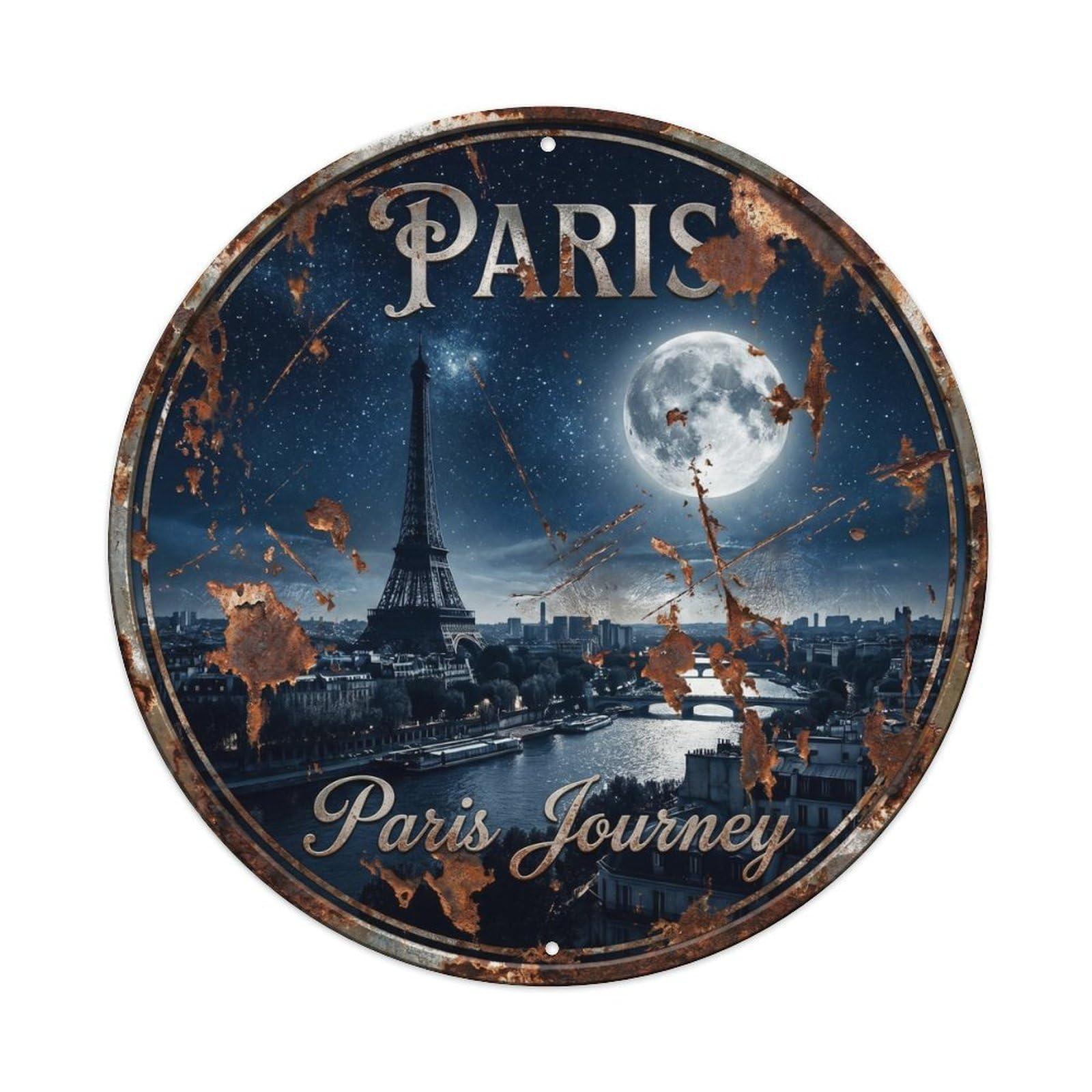 Vintage Travel Paris Tower Moonlight Metal Tin Sign Plaque