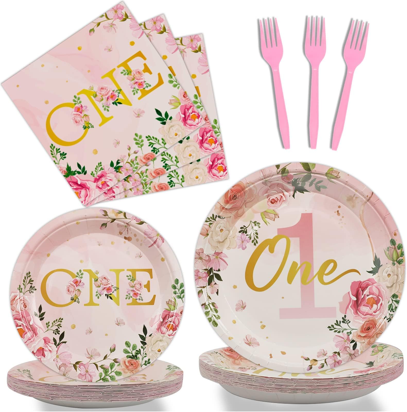 1St Birthday Party Supplies, 96Pcs Girls’ One Plates Napkins Dinnerware First Year Floral Tableware Decorations Favors For Baby Shower