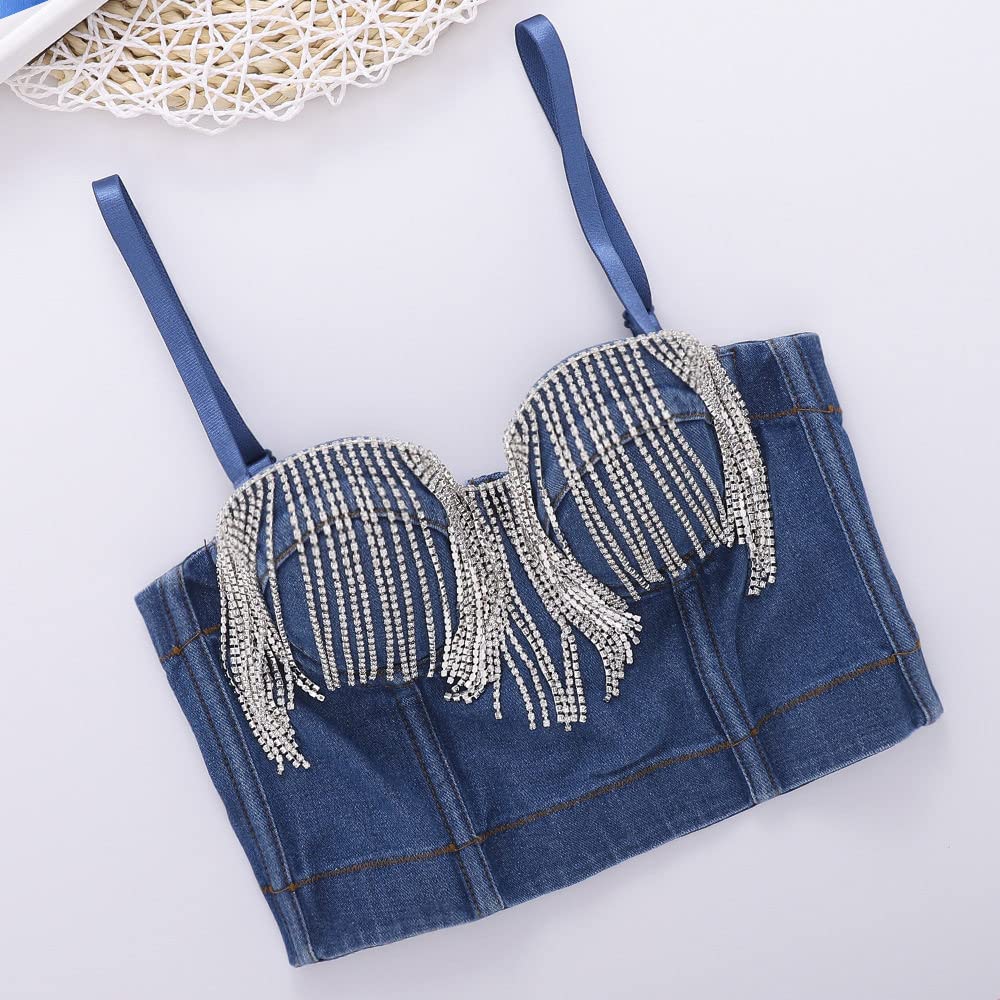 Corpetto Donna,Donna Denim Push Up Bustini Corsetto Glam Diamante Nappa Crop Top Estate Canotta Jean In Difficoltà Spaghatti Straps Bustier Corsetto Top Reggiseno Clubwear Party Corsetto Y2K, S 34B