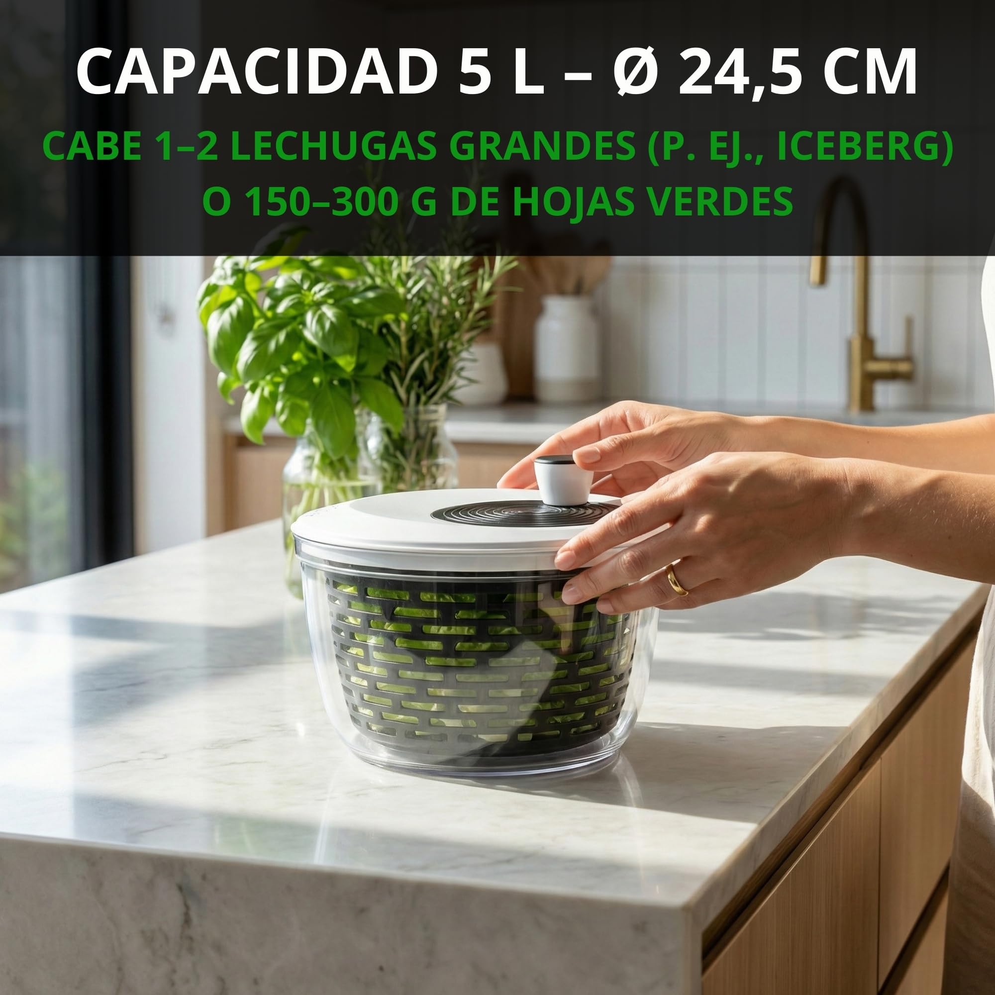 Centrifugadora de ensalada Premium 5 L – 60 días sin riesgo – 2 en 1 antideslizante: centrifugadora + bol – Ø 24,5 cm – libre de BPA – lavavajillas – para secar ensalada/lechuga – eBook incluido