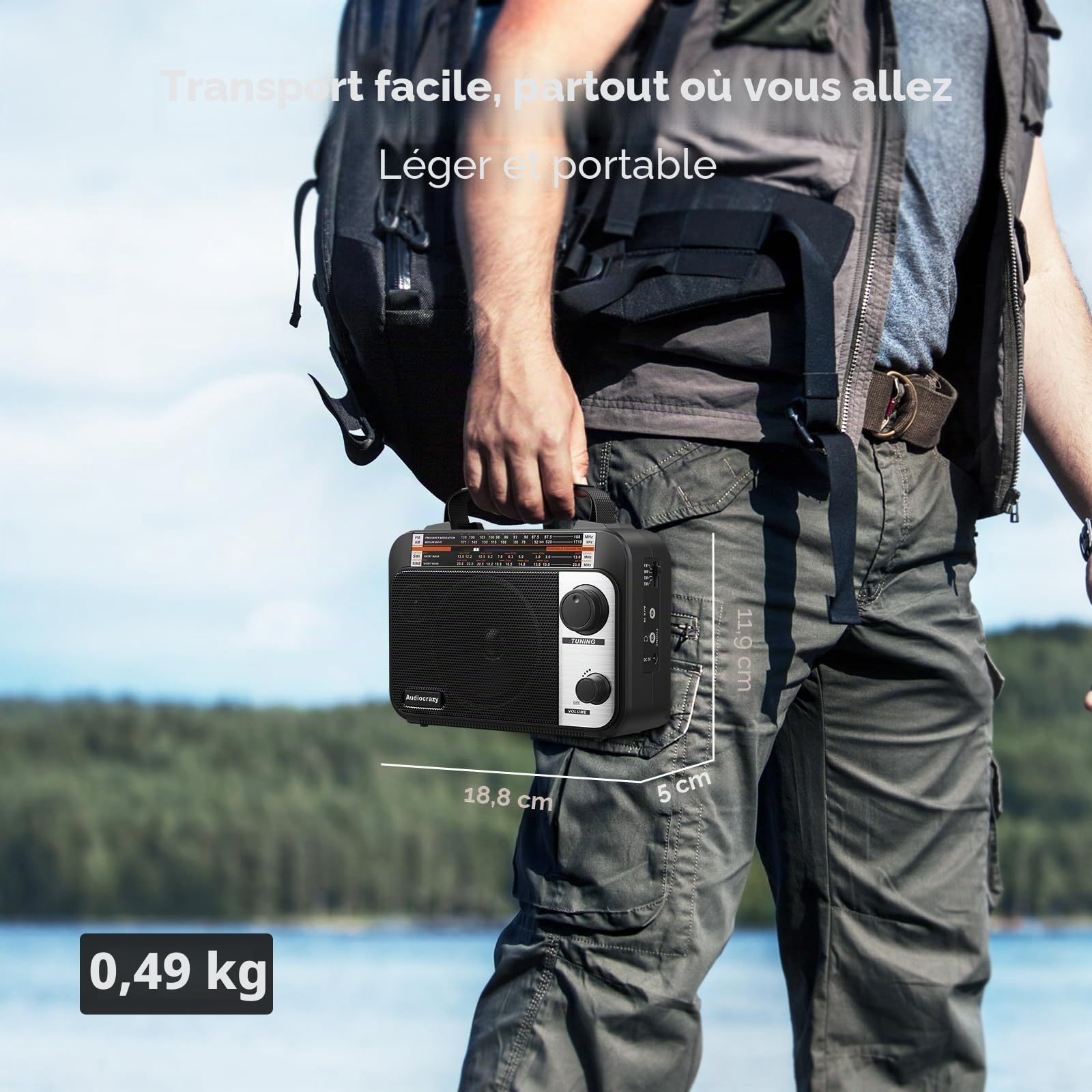 Radio Portable FM/AM/SW1-2 Radio Multibande avec Batterie Rechargeable 1800 mAh, Câble AC Ou Radio FM Portable avec Piles, Haut-parleurs, Prise Casque, Entrée AUX Noir