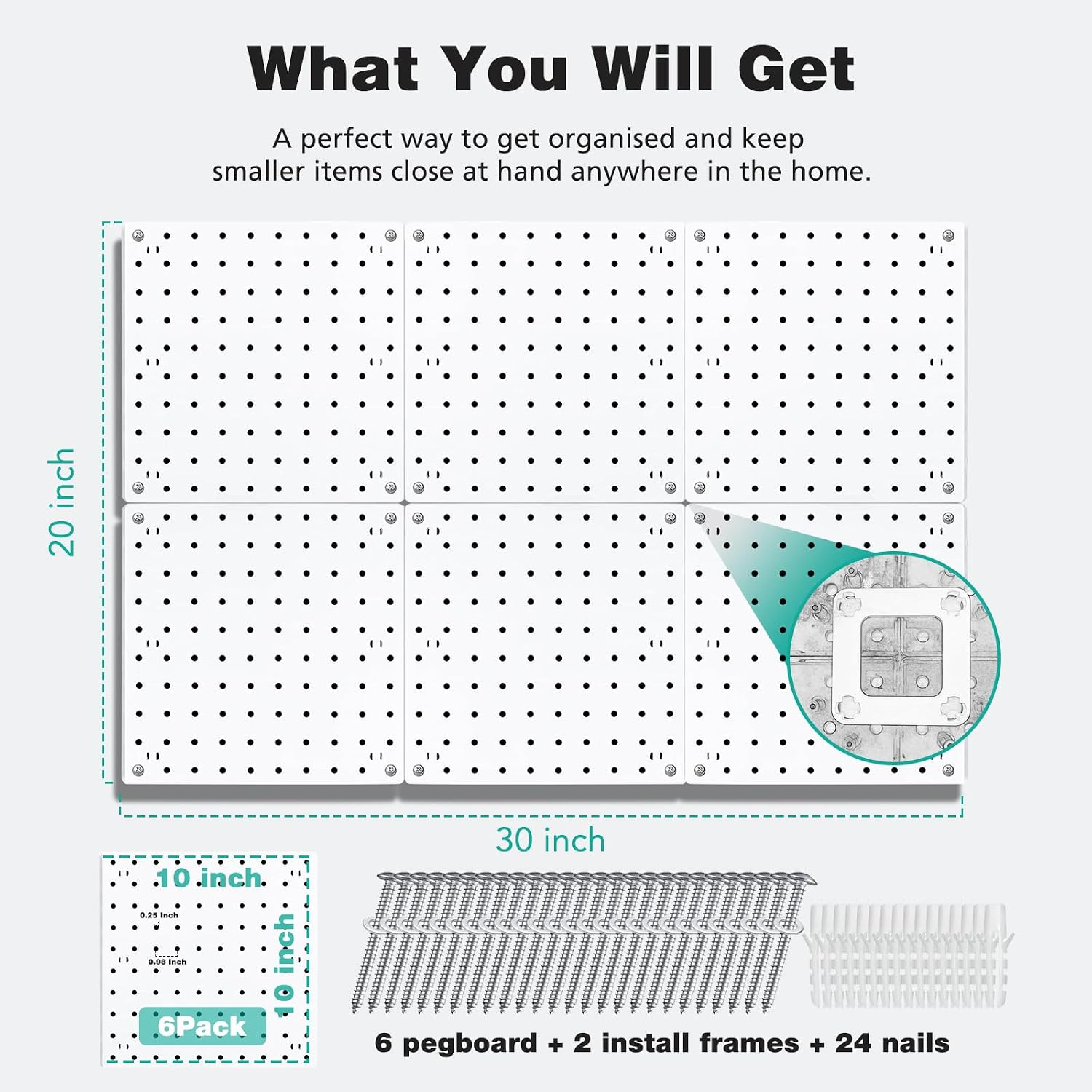6 Pcs Peg board, Pegboard Wall Organizer Panels, White Pegboard | Small Pegboard Kits, for Kitchen, Garage, Workshop, Tool Accessories - Universal 1/8 and 1/4 Pegboard Accessories