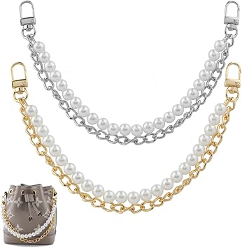RAPUDA 2Pcs Pearl Purse Chain,Bag Purse Charms Chain for Handbags,Metal Purse Strap Extender Replacement for Handbags Crossbody Shoulder Bag,Purse Accessories Charms12.2" Gold+Silver