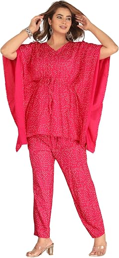 Aaheli Pink Bandhani Printed Maternity Kaftan Top & Pant Set | Soft Rayon Nursing Friendly Kurta Pant Co-Ord | V-Neck, Fro...