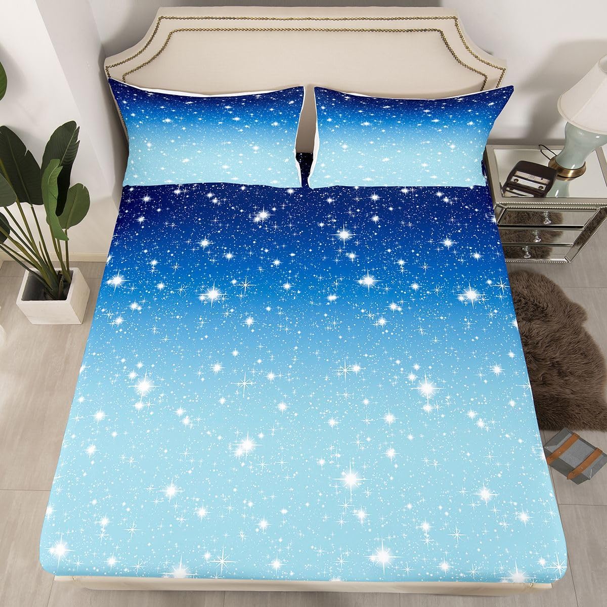 Erosebridal Blue Galaxy Bed Sheets Twin Pastel Dark Blue Ombre Bedding Set,Navy Blue Ombre Fitted Sheet for Kids Boys Girls Teens Bedroom Dorm,Sparkle Glitter Stars Bedding Sets 1 Pillow Case