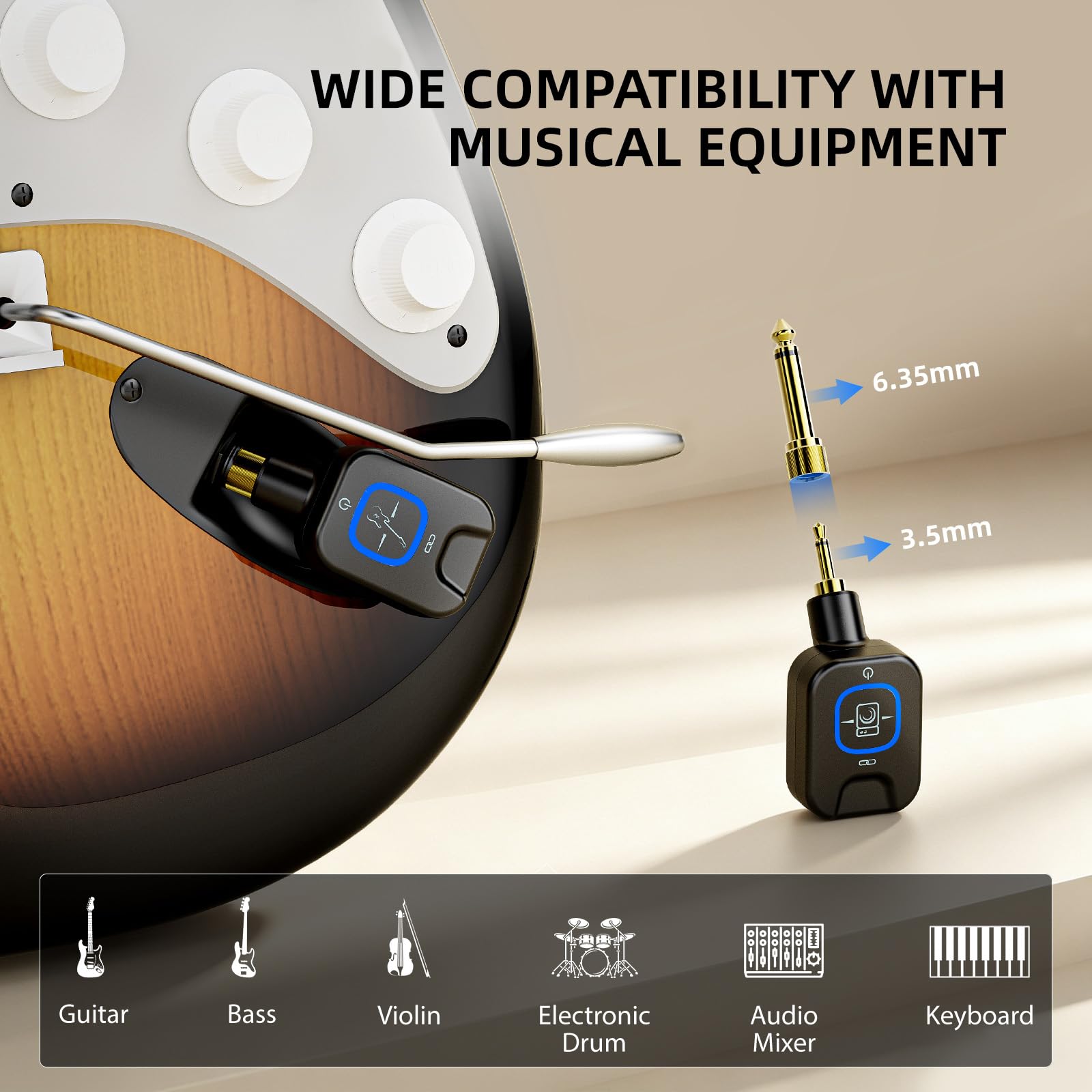 POLOLAB 5.8GHz Sistema Wireless per Chitarra, Trasmettitore e Ricevitore per Basso Elettrico con Custodia di Ricarica, 6 Canali, Latenza <4.6ms, Portata 30m
