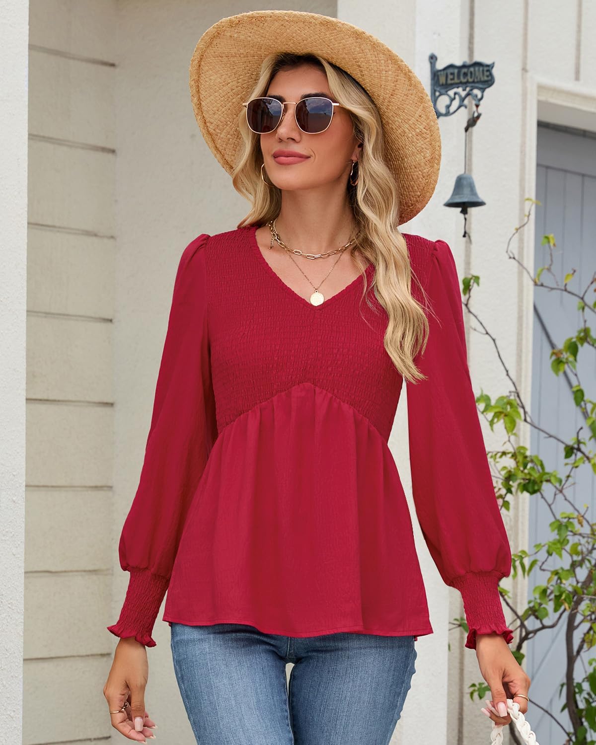 HEYTALALA Womens Long Sleeve Shirts V Neck Peplum Tops Dressy Casual Smocked Babydoll Blouses 2025 Fall Trendy Outfits - Image 3