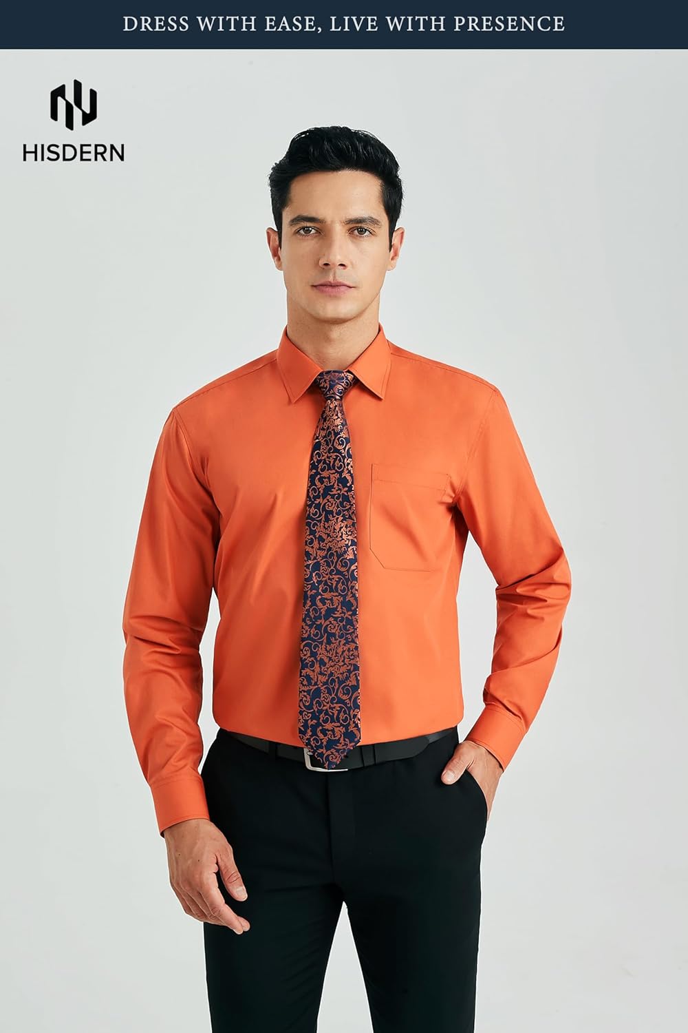 HISDERN 503 Mens Dress Shirt and Tie Handkerchief Set Classic Long Sleeve Shirts Matching Ties Formal Button Down Shirts - Image 2