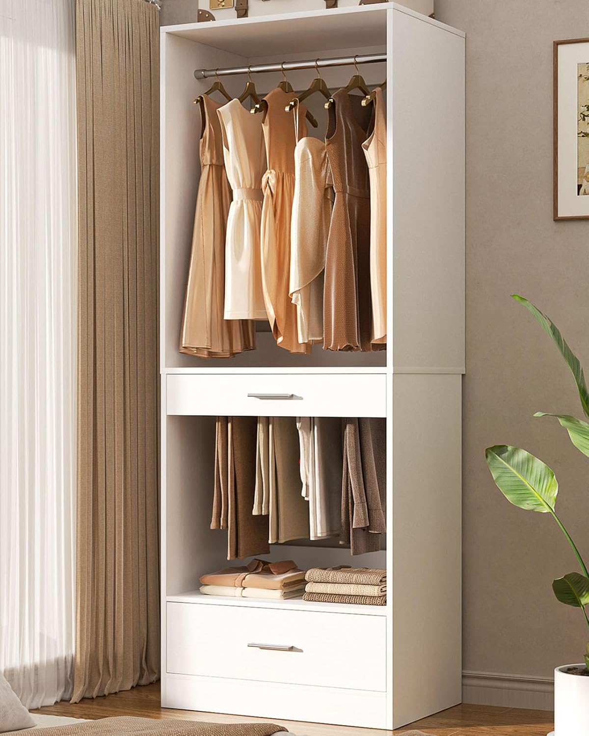 Homieasy Closet System Organizer with Hanging area, Pants Rack & Drawer – Expandable & Sturdy Modular Closet Storage Unit, Customizable Wardrobe Organizer for Bedroom or Walk-In Closet, White