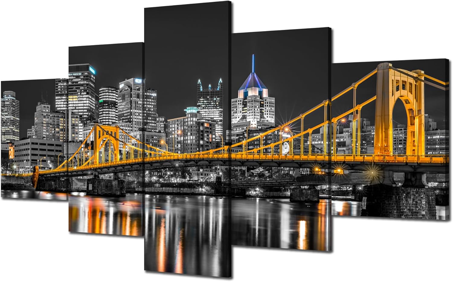Pittsburgh Wall Art Pennsylvania Pittsburgh City Skyline Wall Decor Rachel Carson Bridge Picture Print Black and White Painting Poster Frame Home Living Room Decoration(60x32 inches)