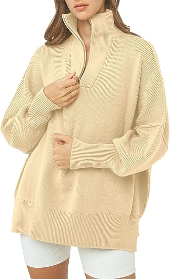 LILLUSORY Women's Long Sleeve 1/4 Zipper Collar Drop Shoulder Oversized  Split Hem Slouchy Pullover Sweater : Amazon.ca: Clothing, Shoes u0026  Accessories