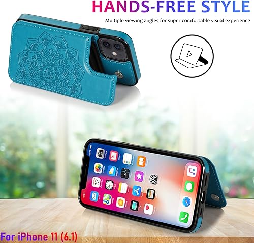 Miniatura 6 de Funda tipo cartera para iPhone 11 de 6.1 pulgadas con tarjetero y diseño de mandala en relieve de piel sintética con doble cierre magnético, con