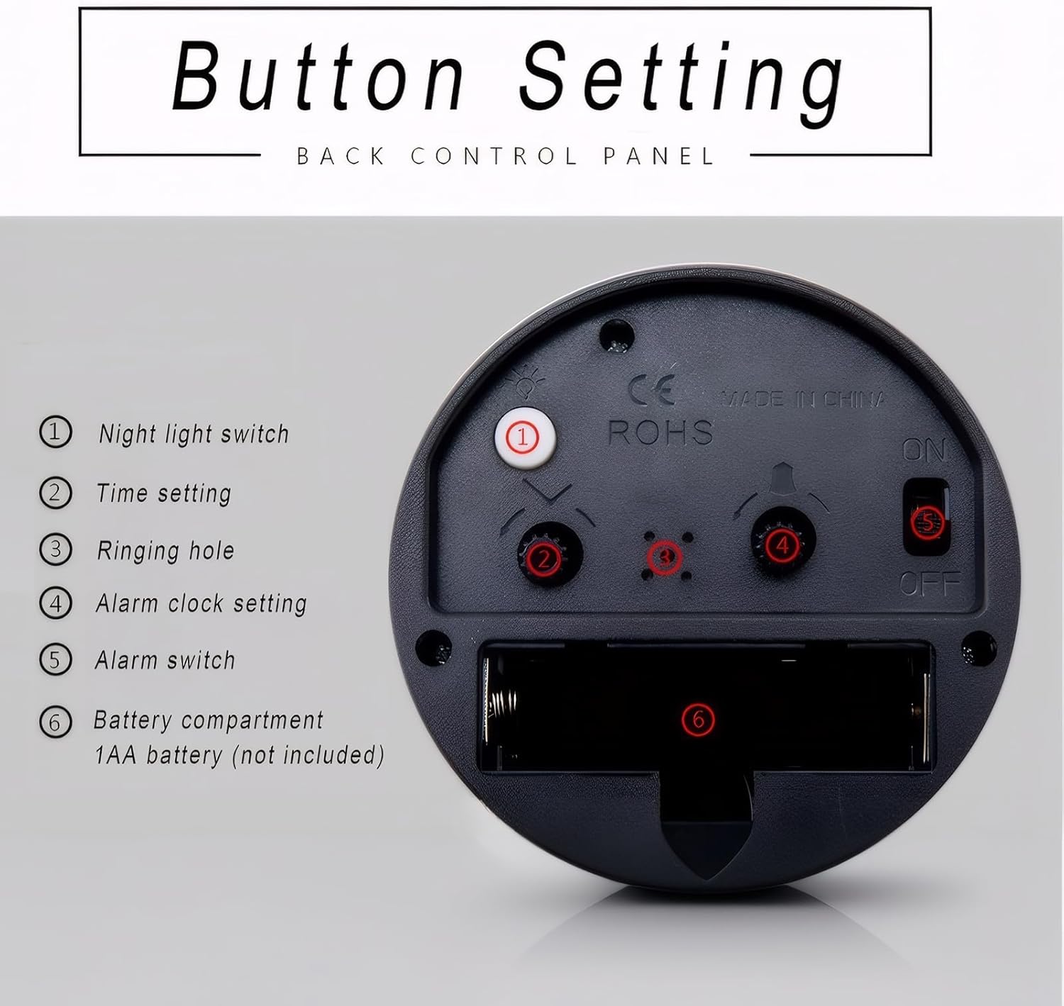 Rear view of Lancoon alarm clock showing button settings and battery compartment