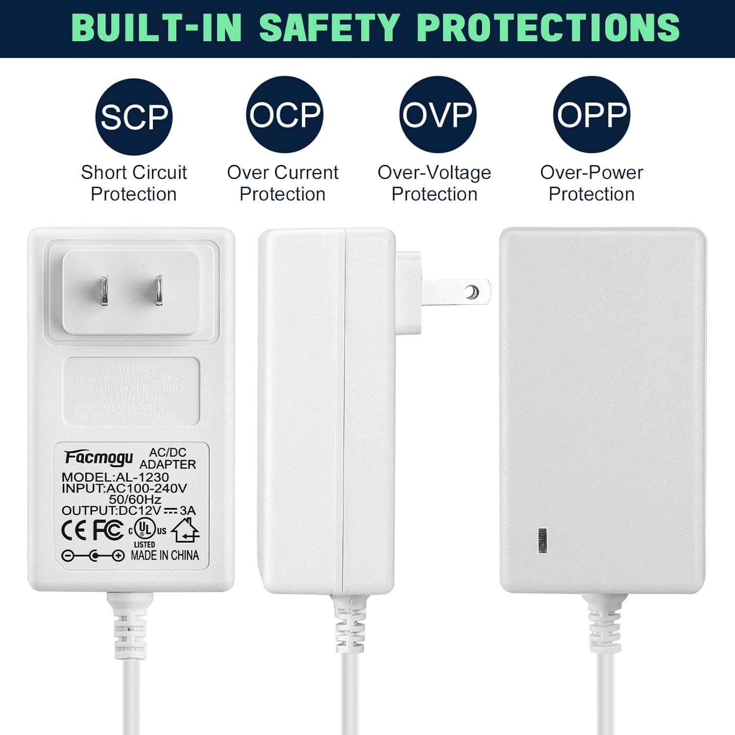 Facmogu 12V 3A Power Supply Adapter, AC 100-240V to DC 12 Volt Wall Plug Transformers, 36W Power Supply Adaptor with AC to DC Barrel Connector 5.5x2.5mm & 5.5x2.1mm, Power Cord Length 150cm/ 4.92 Feet - Image 3