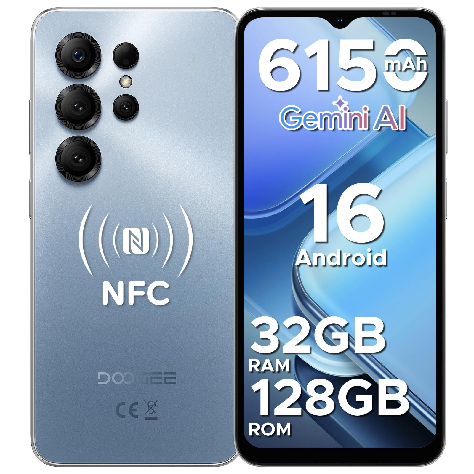 DOOGEE NOTE 56X PRO Android 16 Smartphone, 6150mAh Batteria, UNISOC T7225 Telefono, 6.56"HD+90Hz Display, 32GB+128GB, 13MP+8MP Cellulare, NFC/Widevine L1/Face Unlock/Side Fingerprint Recognition, Blu