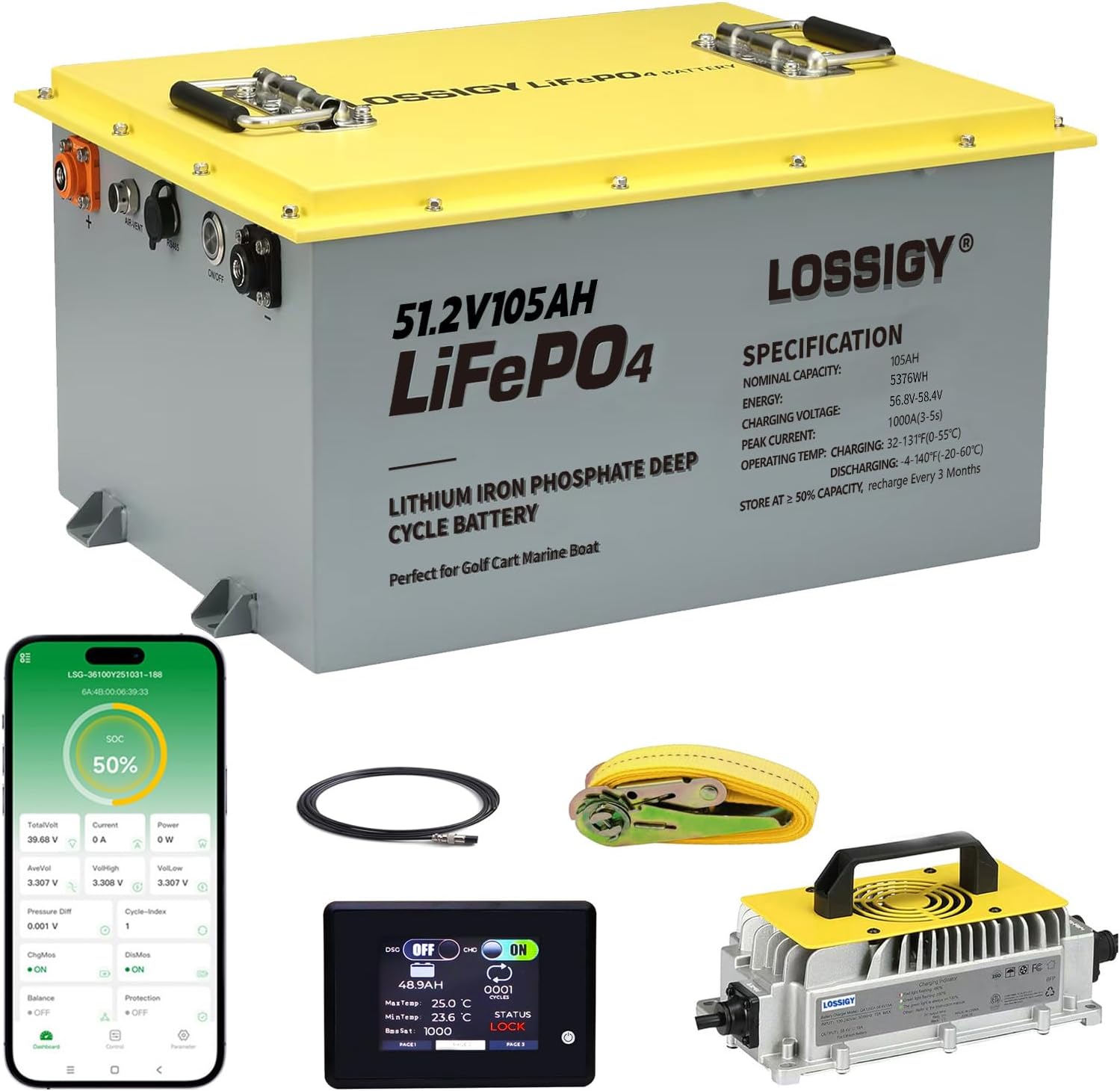 LOSSIGY 48 Volt Lithium Golf Cart Battery, 48V Golf Cart Battery Conversion Kit with Charger&LCD Monitor, Built in 200A Bluetooth BMS, Peak Current 1000A(3-5s), Prefect for Golf Cart RV Solar System