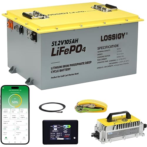 LOSSIGY Metal Case 48V Lithium Golf Cart Battery Conversion Kit with Charger&LCD Monitor, Built in 200A Bluetooth BMS, Peak Current 1000A(3-5s), Prefect for RV Solar System