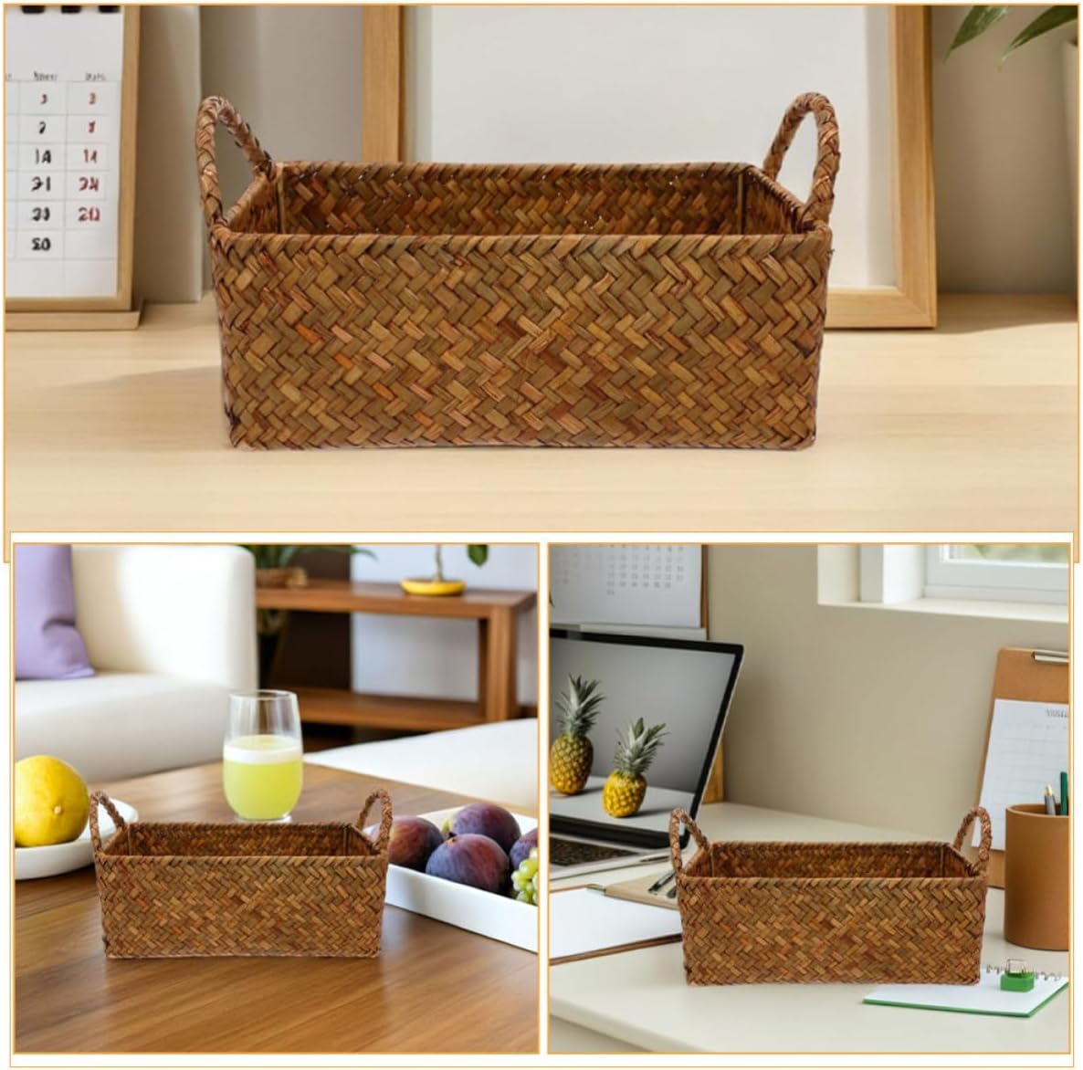 MAGICLULU Rattan Handwoven with Dual Handles Storage Basket Rectangular