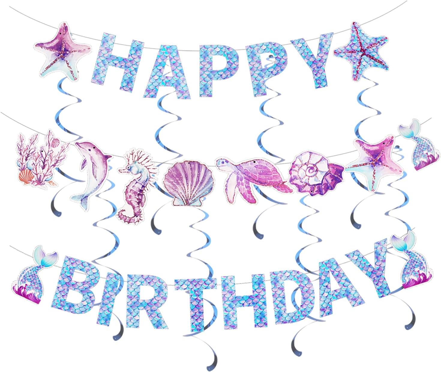 IPartycool Mermaid Birthday Decorations Kit – Happy Birthday Banner & Hanging Swirls For Mermaid Theme Party, Girls & Women - View #5