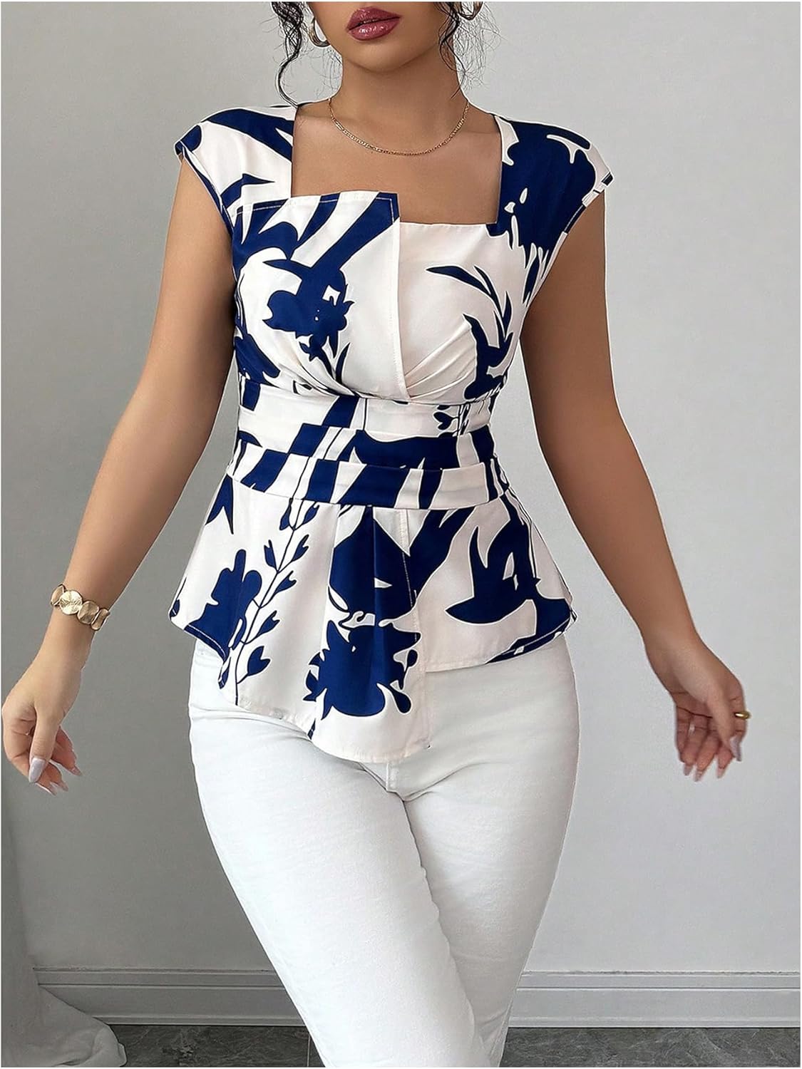 SOLY HUX Women's Summer Print Blouse Square Neck Cap Sleeve Peplum Asymmetrical Casual Work Tops - Image 5