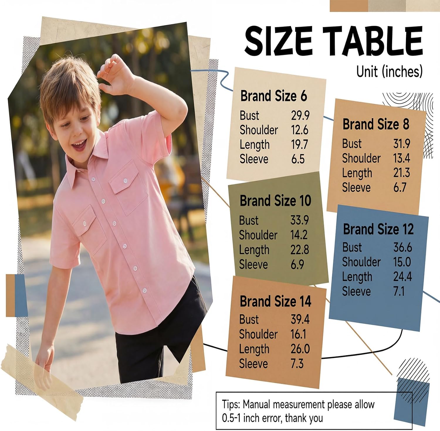 Boys Button Down Shirt 100% Cotton with Flip-Top Double Pockets