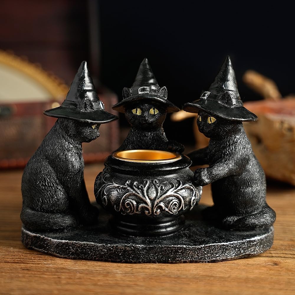Halloween Black Cat Witches Tealight Candle Holder, Gothic Resin Statue with Decorative Cauldron, Indoor Home Decor (Black) - Image 2