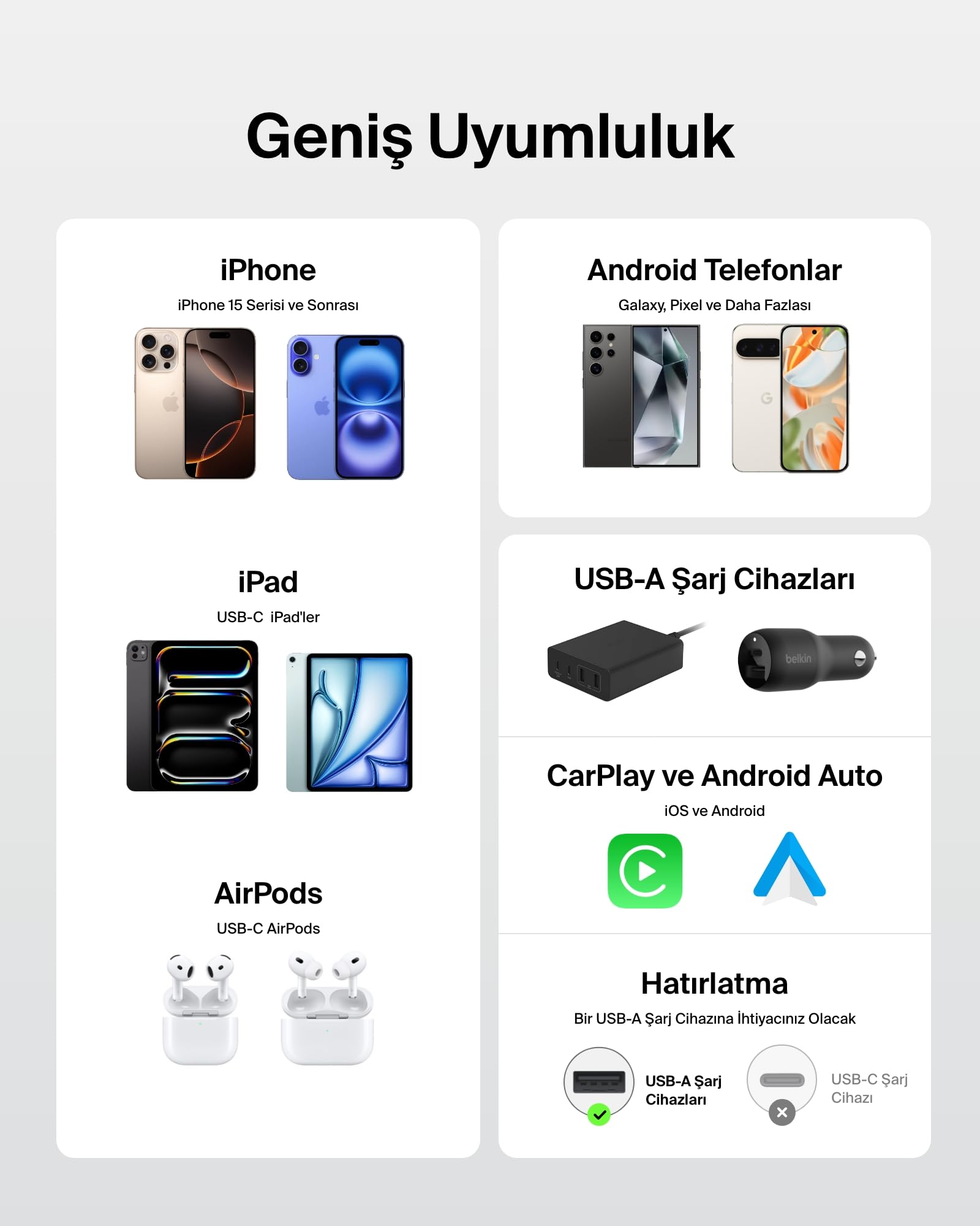 Belkin 2'li Örgülü USB-A - USB-C Kablo, 1,5 m, 15 W, Yumuşak, Esnek ve Hızlı Şarj Kablosu, iPhone 17 ve 16 Serisi, Galaxy S25, Pixel 10, iPad Pro ve Daha Fazlasıyla Uyumlu, Beyaz